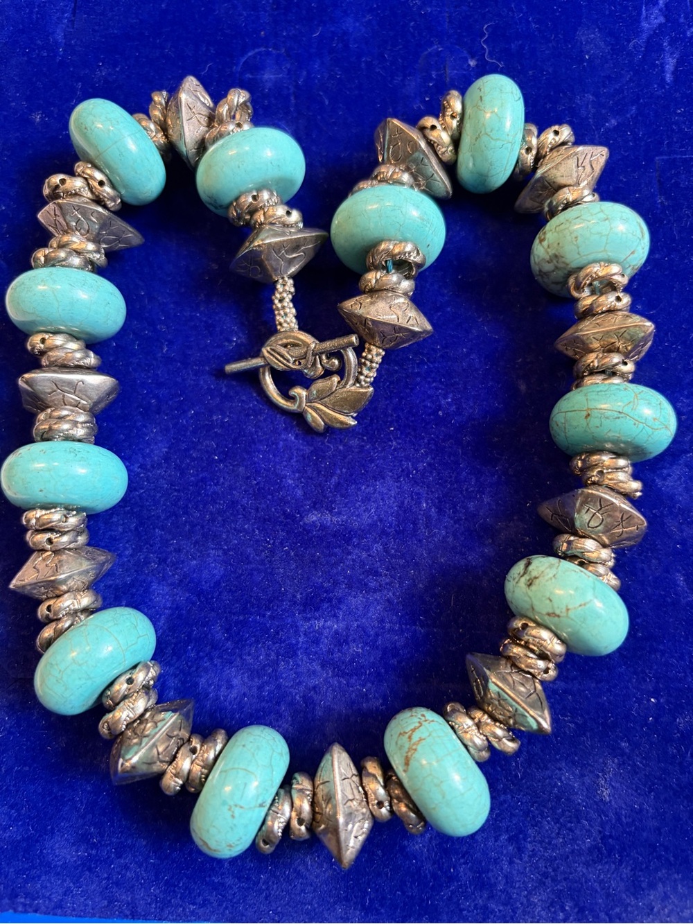 Chunky Turquoise Bead Statement Necklace Silver Accents 18” Southwestern